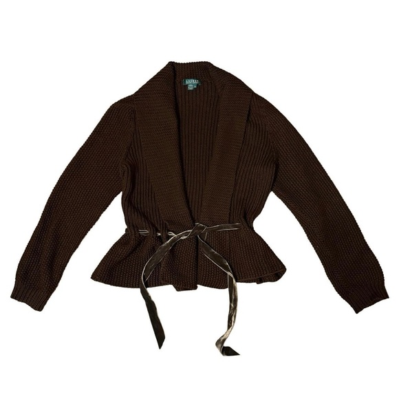 Ralph Lauren Sweaters - Ralph Lauren Women Brown Chunky Knit Tie-Front Cotton Sweater Velvet Belt Sz XL